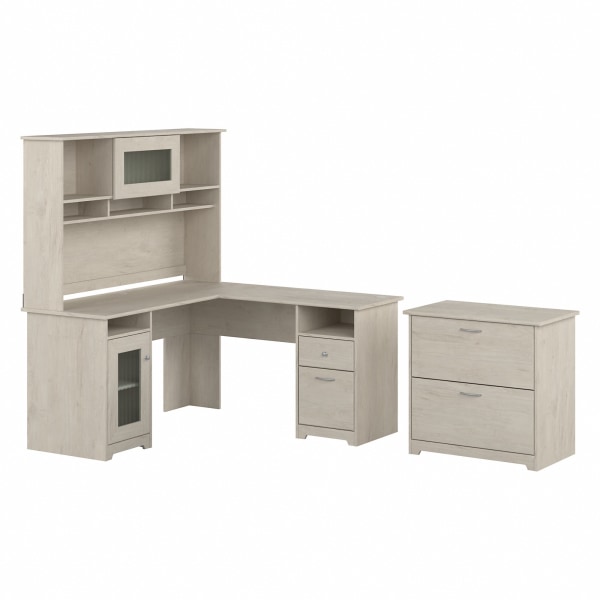 Bush Furniture Cabot 60""W L-Shaped Computer Desk With Hutch And Lateral File Cabinet, Linen White Oak, Standard Delivery -  Bush Business Furniture, CAB005LW