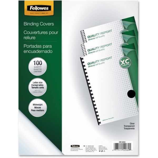 Fellowes� Clear Presentation Binding Covers, 8 1/2" 11", Clear, Pack Of 100