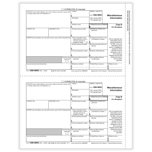 ComplyRight® 1099-MISC Tax Forms, Recipient Copy B, 2-Up, Laser, 8-1/2"" x 11"", Pack Of 50 Forms -  511125OD