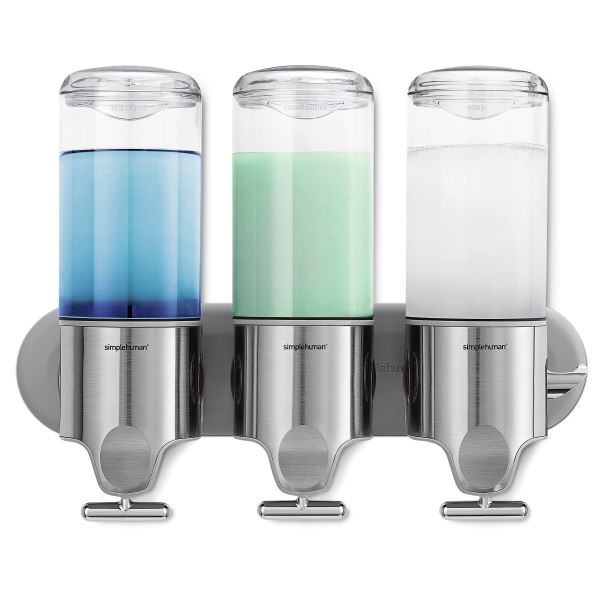 simplehuman Wall Mount Soap Pump, Triple, 3x15 fl.oz. Shampoo and Soap Dispensers, Stainless Steel