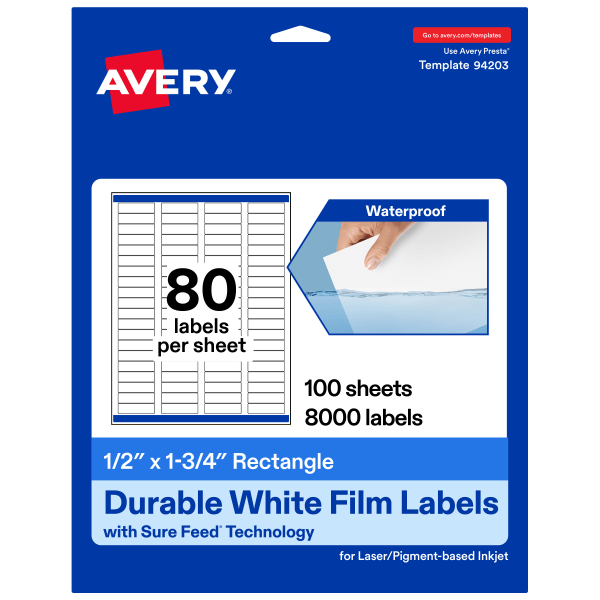 Avery® Waterproof Permanent Labels With Sure Feed®, 94203-WMF100, Rectangle, 1/2" x 1-3/4", White, Pack Of 8,000