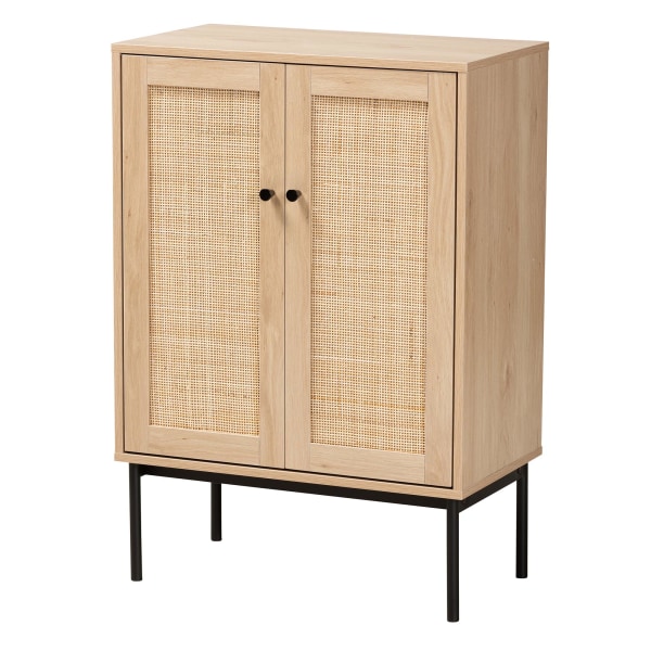 Photos - Wardrobe Baxton Studio Sherwin Mid-Century Modern 24"W 2-Door Storage Cabinet With Woven Rattan Accent, Light Brown/Black