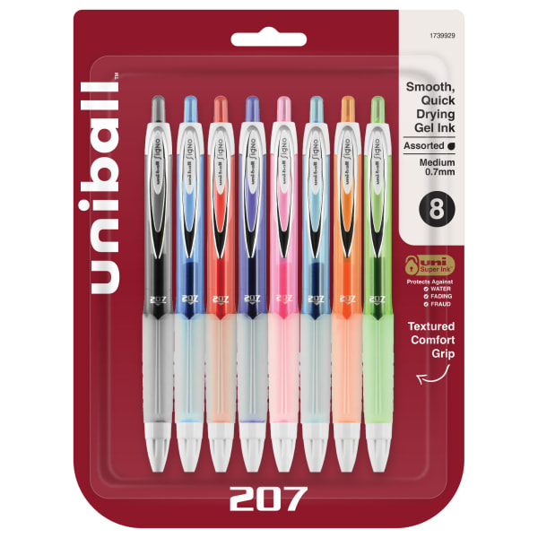 uni-ball 207 Retractable Fraud Prevention Gel Pens, Medium Point, 0.7 mm, Assorted Barrels, Assorted Ink Colors, Pack Of 8