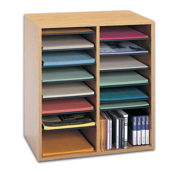 Safco® Adjustable Wood Literature Organizer, 20""H x 19 1/2""W x 11 3/4""D, 16 Compartments, Oak -  9422MO