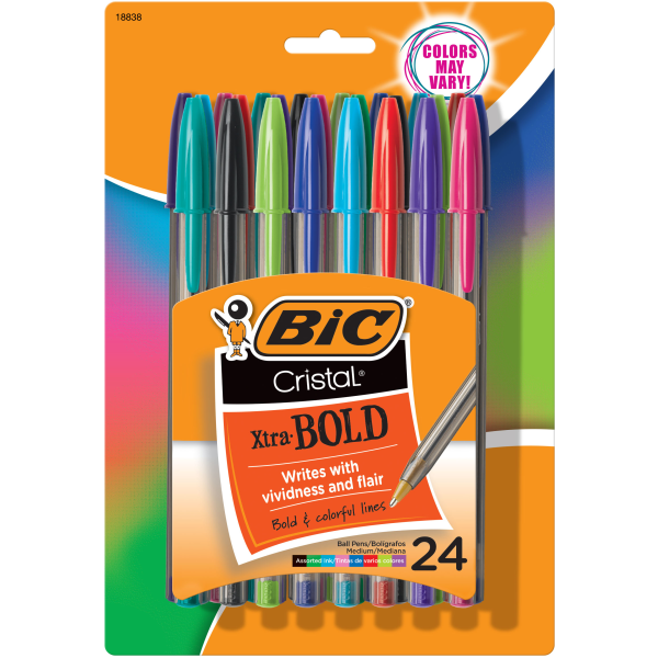 BIC Cristal Xtra Bold Ballpoint Pens, Bold Point, 1.6 mm, Translucent Barrel, Assorted Ink Colors, Pack Of 24 Pens
