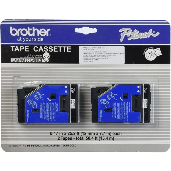 Brother P-touch TC-20Z1 Laminated Label Maker Tape, 3/8 x 25-2/10, Black on White, 2/Pack (TC-20Z1), White/Black | Quill