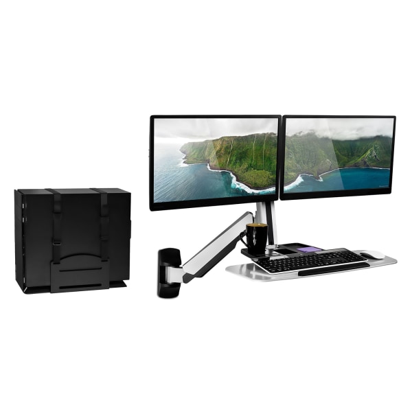 !  36""W Sit-Stand Dual-Monitor Wall-Mount Workstation With Articulating Keyboard Tray Arm And CPU Holder, Silver - Mount-it MI-7906