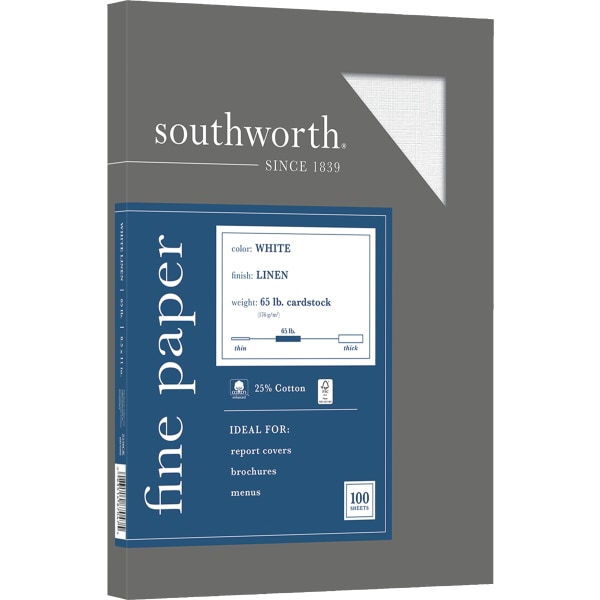 Photos - Office Paper Southworth� 25 Cotton Linen Cover Stock, 8 1/2" x 11", 65 Lb, White, Pack Of 100 Z550CK
