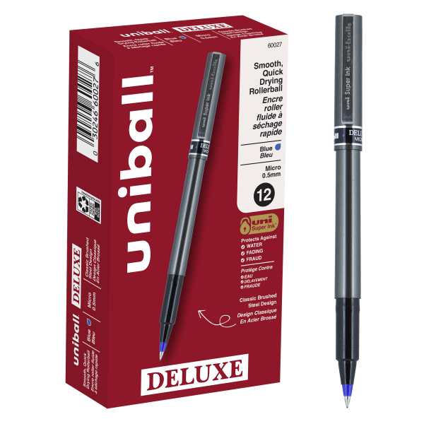 uni-ball Deluxe Rollerball Pens, Micro Point, 0.5 mm, Charcoal Barrel, Blue Ink, Pack Of 12