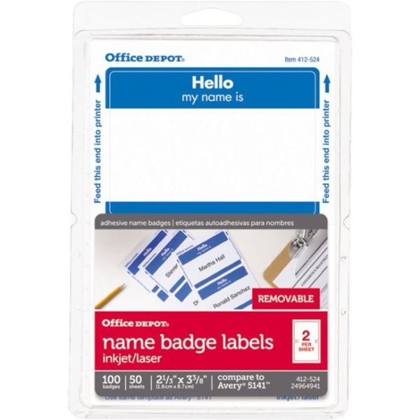 Office Depot Hello Name Badge Labels  2 11/32in. x 3 3/8in.  Blue Border  Pack Of 100  OD98838