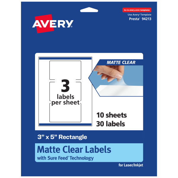 Avery® Permanent Labels With Sure Feed®, 94213-CMF10, Rectangle, 3" x 5", Matte Clear, Pack Of 30