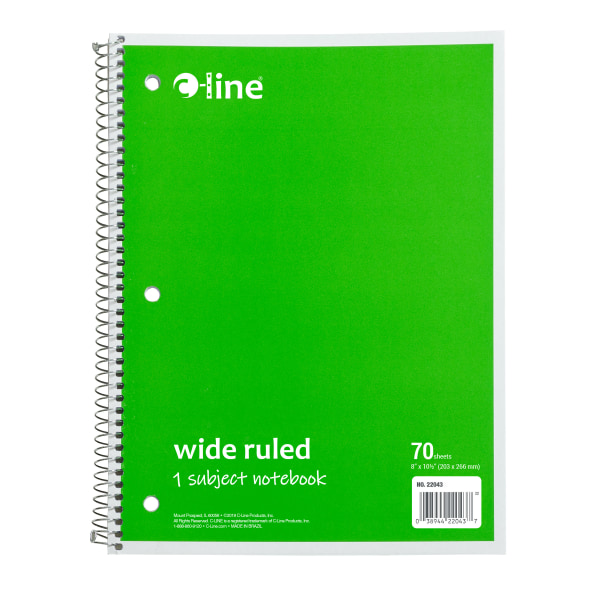 C-Line Wide Rule Spiral Notebooks, 8"" x 10-1/2"", 1 Subject, 70 Sheets, Green, Case Of 24 Notebooks -  22043-CT