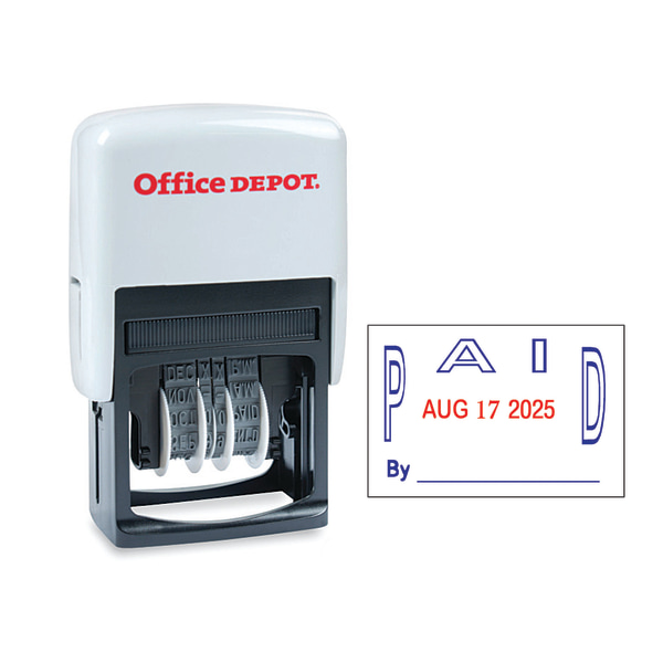 Office Depot&reg; Brand Date Paid Dater Stamp Self-Inking with Extra Pad Date Paid Dater  Stamp, 1&quot; x 1-3/4&quot; Impression, Red and Blue Ink 421055