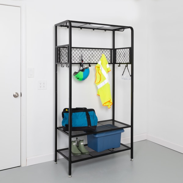 Honey Can Do Garage Entryway Steel Storage Unit With Light, Hooks And Clothes-Hanging Bar, 72-15/16""H x 18""W x 38""D, Black -  SHF-09842