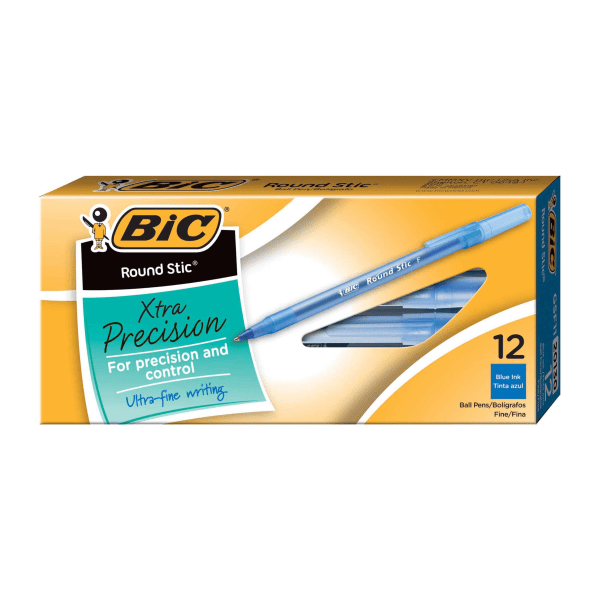 BIC&reg; Round Stic&reg; Ballpoint Pens, Fine Point, 0.8 mm, Translucent Barrel, Blue Ink, Pack Of 12 BICGSF11BE