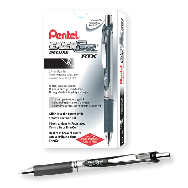 Pentel® EnerGel™ Retractable Liquid Gel Pens, Medium Point, 0.7 mm, Silver Barrel, Black Ink, Pack Of 12