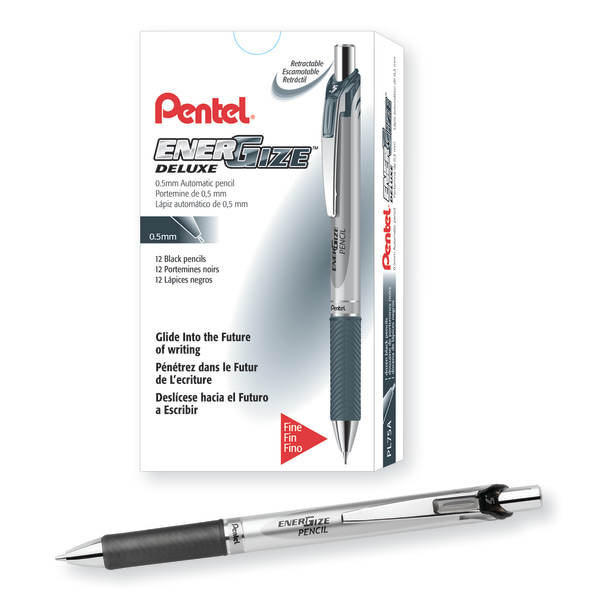 Pentel® EnerGize™ Mechanical Pencil, 0.5mm, #2 Lead, Black/Silver Barrel, Pack Of 12