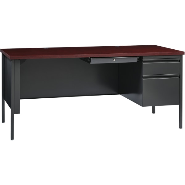 Lorell® Fortress Series Steel Right-Handed Pedestal Writing Desk, 66"W, Charcoal/Mahogany