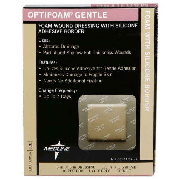 Optifoam® Gentle Border Adhesive Dressings, 3"" x 3"", Tan, Box Of 10 -  Old Holland, MSC2033EPZ