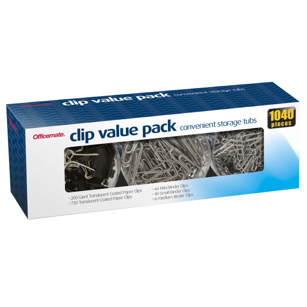 Officemate Clip Value Pack, 1, 10 Sheet Capacity, Assorted, Pack Of 1,040