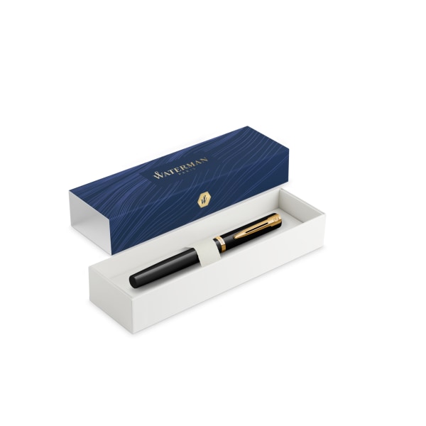 Waterman Impression Black Fountain Pen Gold-Tone Trim Medium Nib, Blue Ink