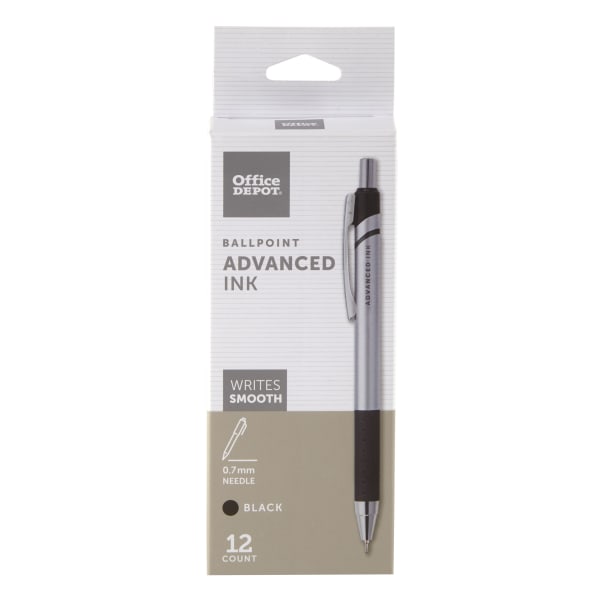 Office Depot Brand Advanced Ink Retractable Ballpoint Pens, Needle Point, 0.7 mm, Silver Barrel, Black Ink, Pack Of 12 436759