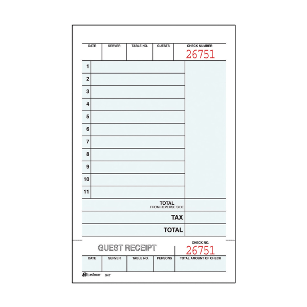 Photos - Accessory Adams � Guest Check Books, 2-Part, 4 1/4" x 7 1/4", 5 Pads Of 50 Sets Each  947SWC (250 Guest Checks Total)