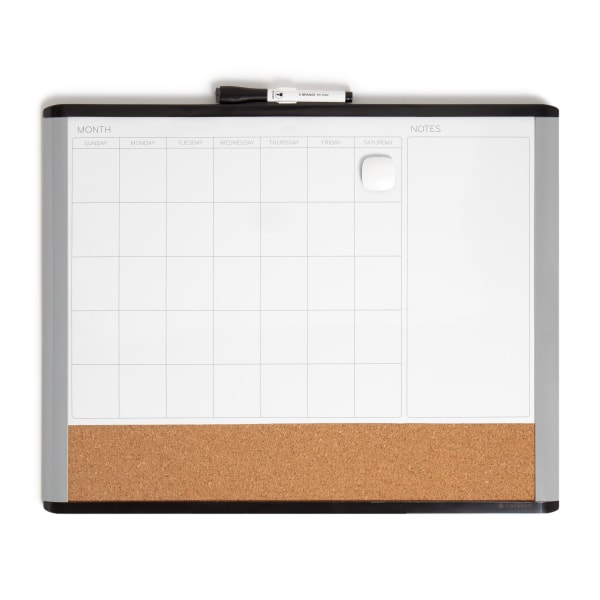 U Brands Magnetic MOD 3-In-1 Magnetic Dry-Erase Calendar Board, Painted Steel, 20 x 16, Black/Gray Plastic Frame