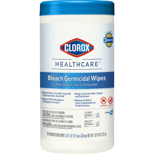 Clorox Healthcare Bleach Germicidal Wipes, 6 3/4 x 9, Unscented, 70/Canister