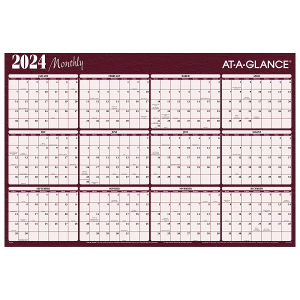 AT-A-GLANCE 2024 Horizontal Reversible Erasable Yearly Wall Calendar Red Extra