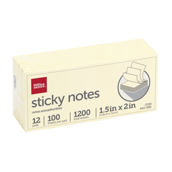 Office Depot Sticky Notes 1 1 2 X 2 Yellow 100 Sheets Per Pad Pack Of 12 Pads Zerbee