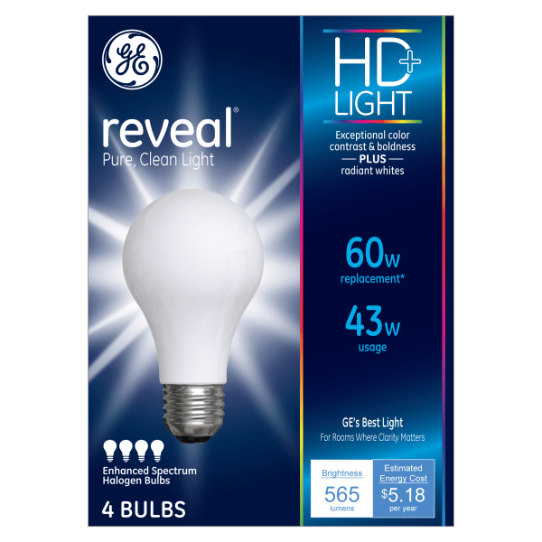 GE Lighting Halogen Light Bulbs, A19, 43 Watts, Pack Of 4 Bulbs -  67770