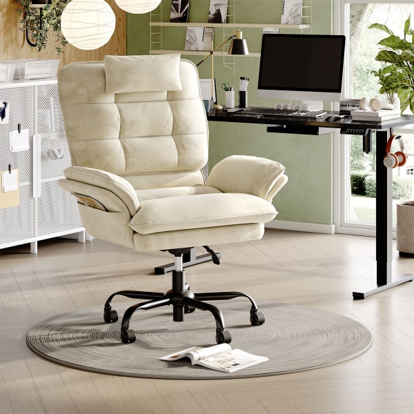Bestier Ergonomic Velvet High-Back Swivel Executive Task Chair, Beige