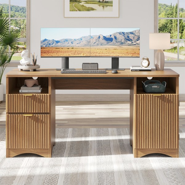 Bestier 60"W Fluted Executive Desk With Drawers/Cabinet, Brown Oak