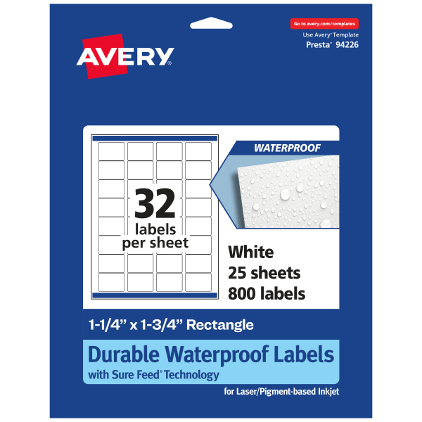 Avery� Durable Waterproof Permanent Labels With Sure Feed, 94226 Wmf25, Rectangle, 1 1/4" X 1 3/4", White, Pack Of 800 Labels