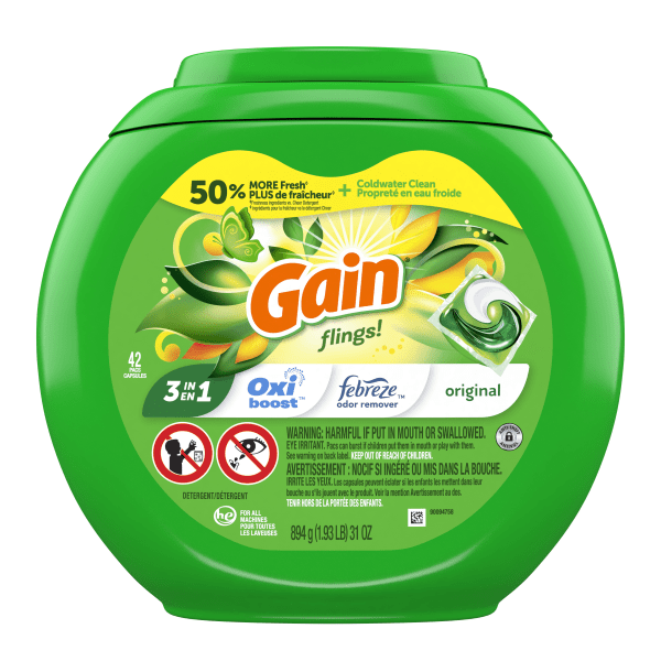 GTIN 037000009948 product image for Gain Flings Laundry Detergent Soap Pacs, Original Scent, Container Of 42 Pacs | upcitemdb.com