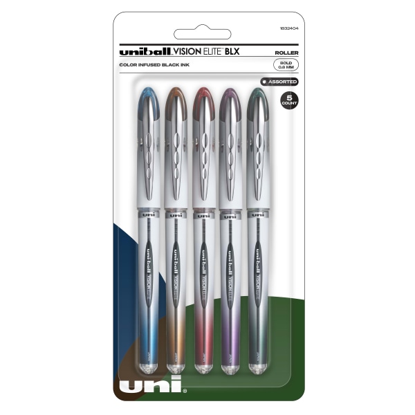 uni-ball Vision Elite BLX Series Rollerball Pens, Bold Point, 0.8 mm, Assorted Ink Colors, Pack Of 5 Pens