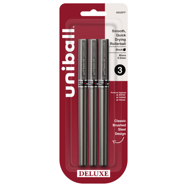 uni-ball Deluxe Rollerball Pens, Micro Point, 0.5 mm, Graphite Barrel, Black Ink, Pack Of 3