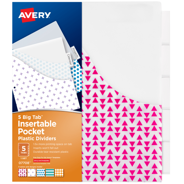 Avery® Big Tab™ Insertable Plastic Dividers With Pockets, 9 1/4" x 11 1/8", 5-Tab, Multicolor, 1 Set