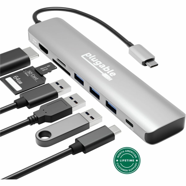 Photos - Card Reader / USB Hub Plugable USB-C Hub 7-in-1, Compatible with Mac, Windows, Chromebook, USB4, Thunderbolt 4, and More - (4K HDMI, 3 USB 3.0, SD