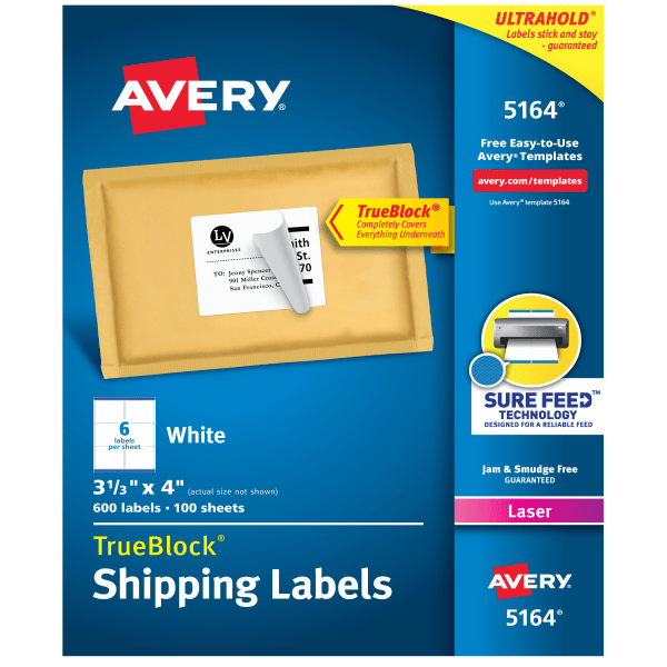 Avery TrueBlock Shipping Labels  Sure Feed Technology  Permanent Adhesive  3-1/3  x 4   600 Labels (5164)