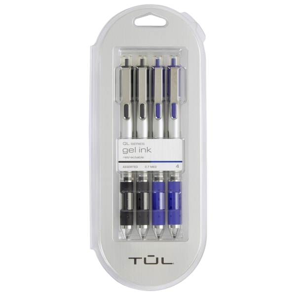 TUL Retractable Gel Pens, Medium Point, 0.7 mm, Silver Barrel, Black And Blue Inks, Pack Of 4 Pens