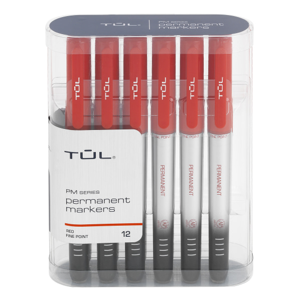 TUL Permanent Markers, Fine Point, Silver Barrel, Red Ink, Pack Of 12 Markers