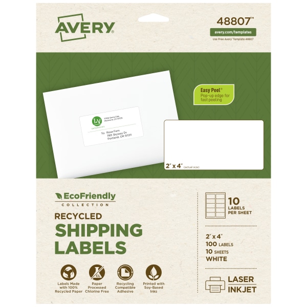 Avery® EcoFriendly Recycled Labels, Rectangle, 2" x 4", Matte White, Pack Of 100