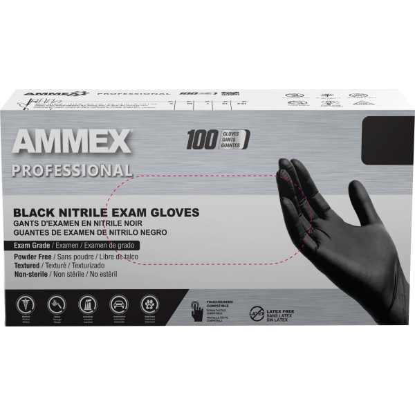 Ammex Professional Powder-Free Exam-Grade Nitrile Gloves, X-Large, Black, Box Of 100 Gloves -  ABNPF48100