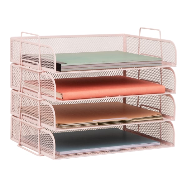 Mind Reader 4-Piece Stackable Paper Tray Desktop Organizer, 11-1/2"H x 9-3/4"W x 13-1/4"D, Pink