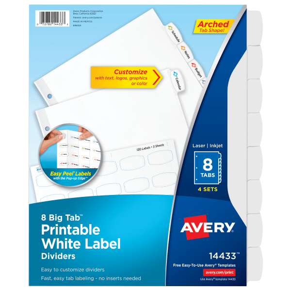 Avery Big Tab Printable Label Dividers  Easy Peel Labels  8 Tabs  4 Sets (14433)