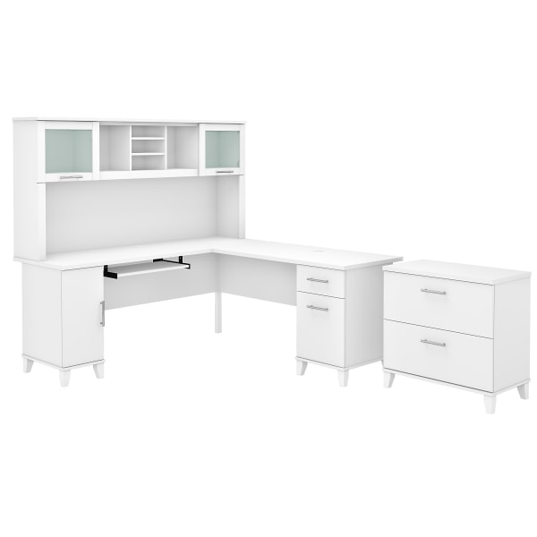 Bush Furniture Somerset 72""W L-Shaped Desk With Hutch And Lateral File Cabinet, White, Standard Delivery -  Bush Business Furniture, SET009WH