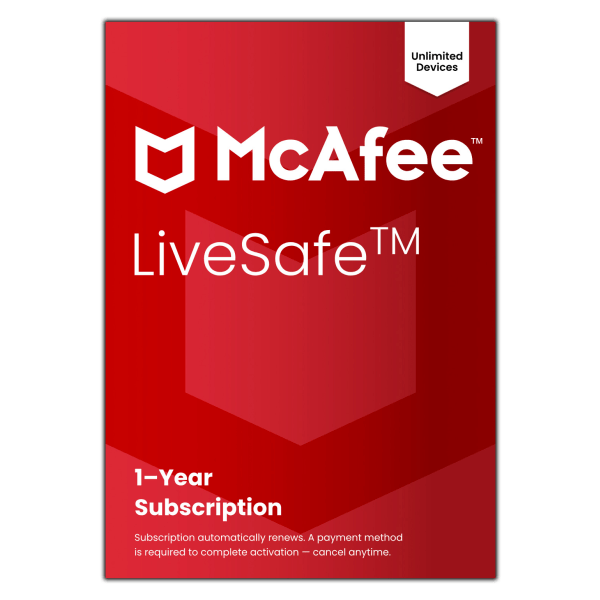 McAfee® LiveSafe Antivirus & Internet Security Software, Unlimited Devices, 1-Year Subscription, Auto-Renewal, Product Key, MLS41EODURAAM