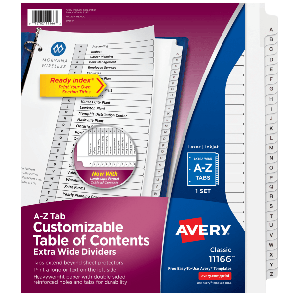 Photos - File Folder / Lever Arch File Avery� Extra-Wide A-Z Tab With Customizable Table of Contents Dividers For 3 Ring Binders, 9-1/4" x 11", 26 Tab, White, 1 Se